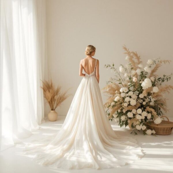 Train wedding dress detail at London Bride, South London